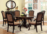Bellagio Brown 5-piece dining set, round pedestal table and four upholstered chairs, front view