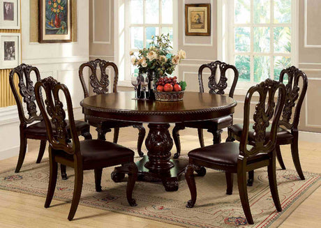 Bellagio Brown dining set with round pedestal table and six carved chairs, front view