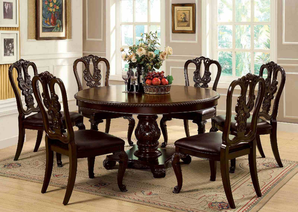 Bellagio Brown 5-piece dining set, round pedestal table with four carved chairs, lifestyle view