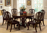 Bellagio Brown dining set, round pedestal table with six patterned chairs, traditional brown cherry