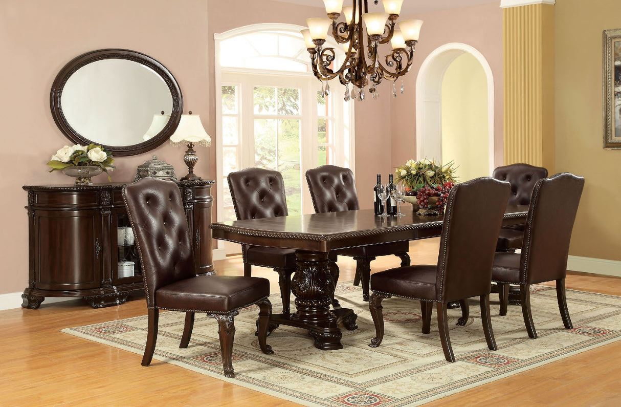 Bellagio Brown 7-piece dining set, round pedestal table, six tufted chairs, lifestyle view