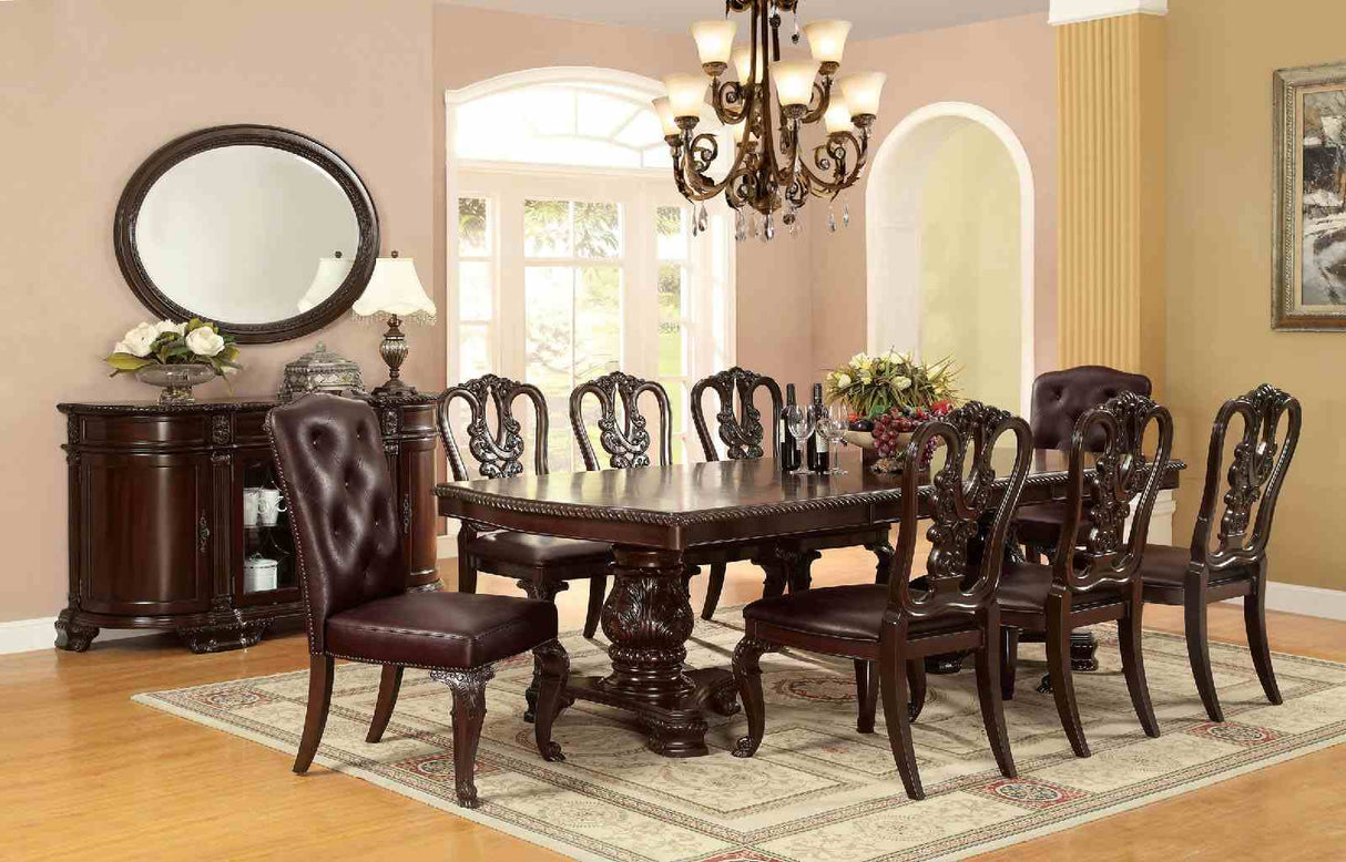 Bellagio Brown 7-piece dining set, carved table and six chairs with server and mirror, full room view