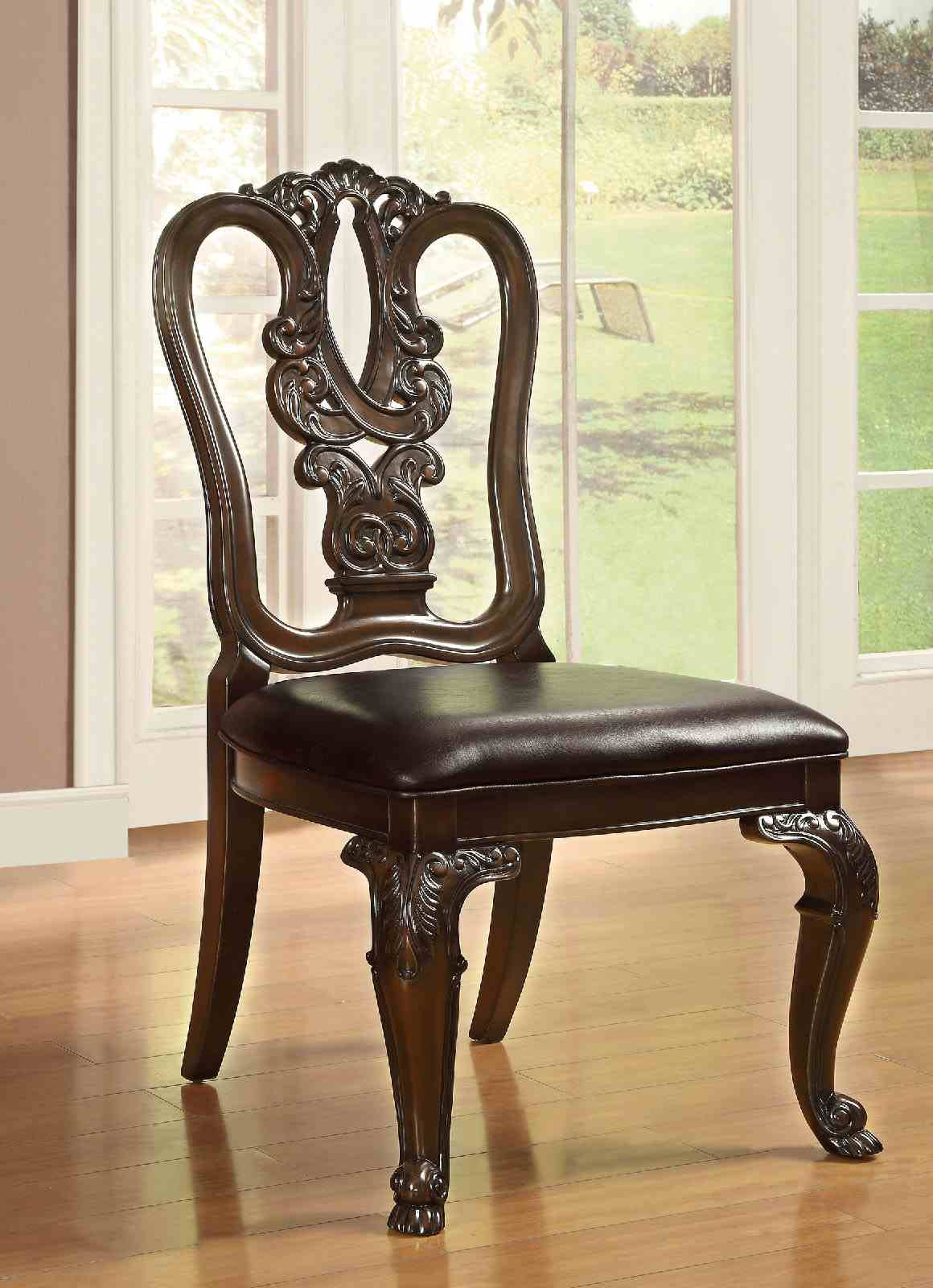 Bellagio Brown dining chair, ornate carved back and upholstered seat, front angle