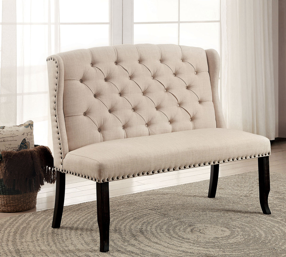Sania Antique dining bench, beige tufted back and dark wood legs, front view