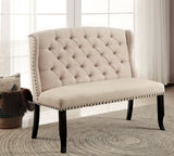Sania Antique dining bench, beige tufted back and dark wood legs, front view