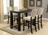 Sania Antique 5-piece bar table set, distressed black finish and beige upholstered chairs, three-quarter view