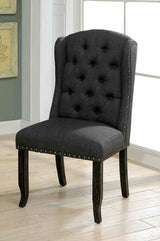 Sania Antique side chair, charcoal gray linen-like upholstery, button tufting and nailhead trim, three-quarter view