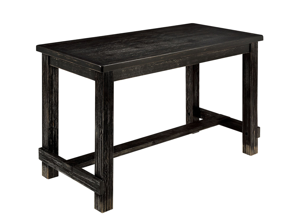 Sania Antique counter-height table, distressed black finish, side view with support beam