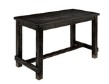 Sania Antique counter-height table, distressed black finish, side view with support beam