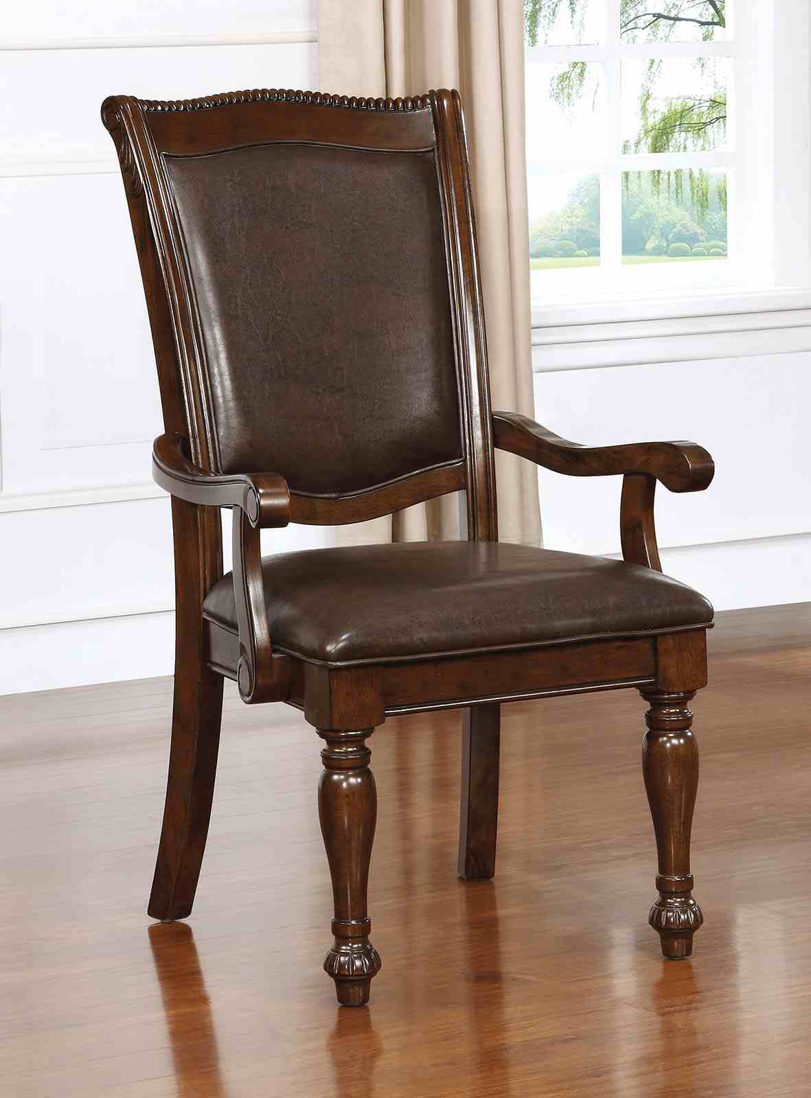 Alpena Brown arm dining chair, upholstered seat and back, curved wood arms, front view