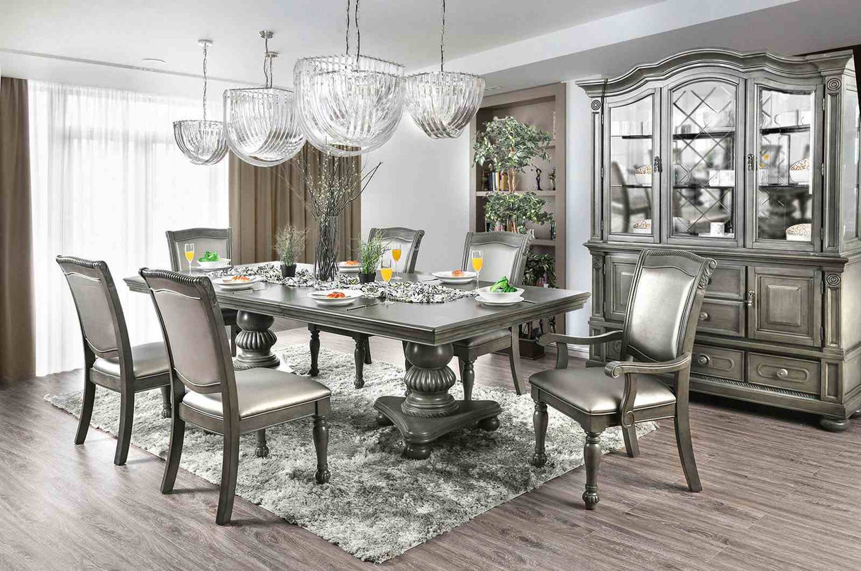 Alpena Gray 7 Pc Dining Table Set, expandable table and six upholstered chairs, formal dining room view