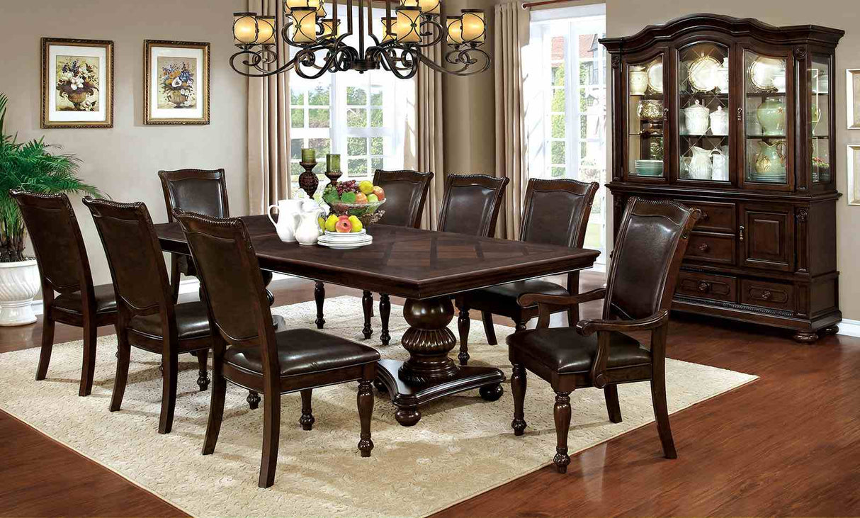 Alpena Brown 7-piece dining set, brown cherry table and six upholstered chairs, three-quarter view