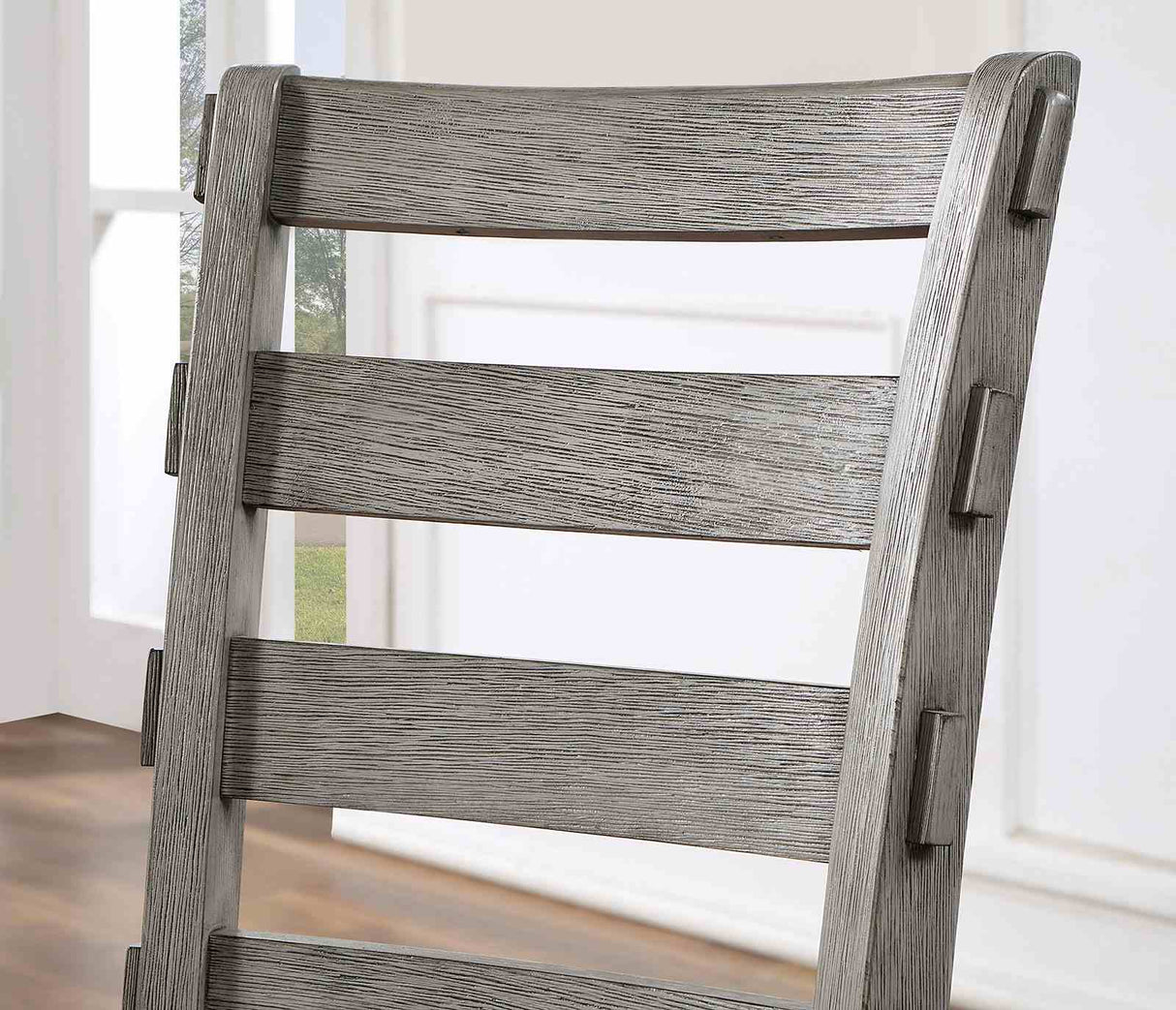 Laquila Gray side chair, ladder-back detail with rustic gray finish, close-up