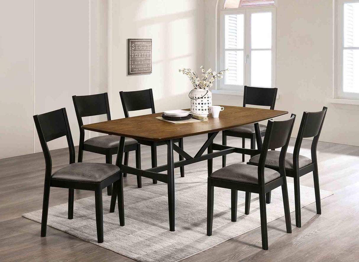 Oberwil Black/Gray dining chairs around wood table, black frames and gray seats, set overview