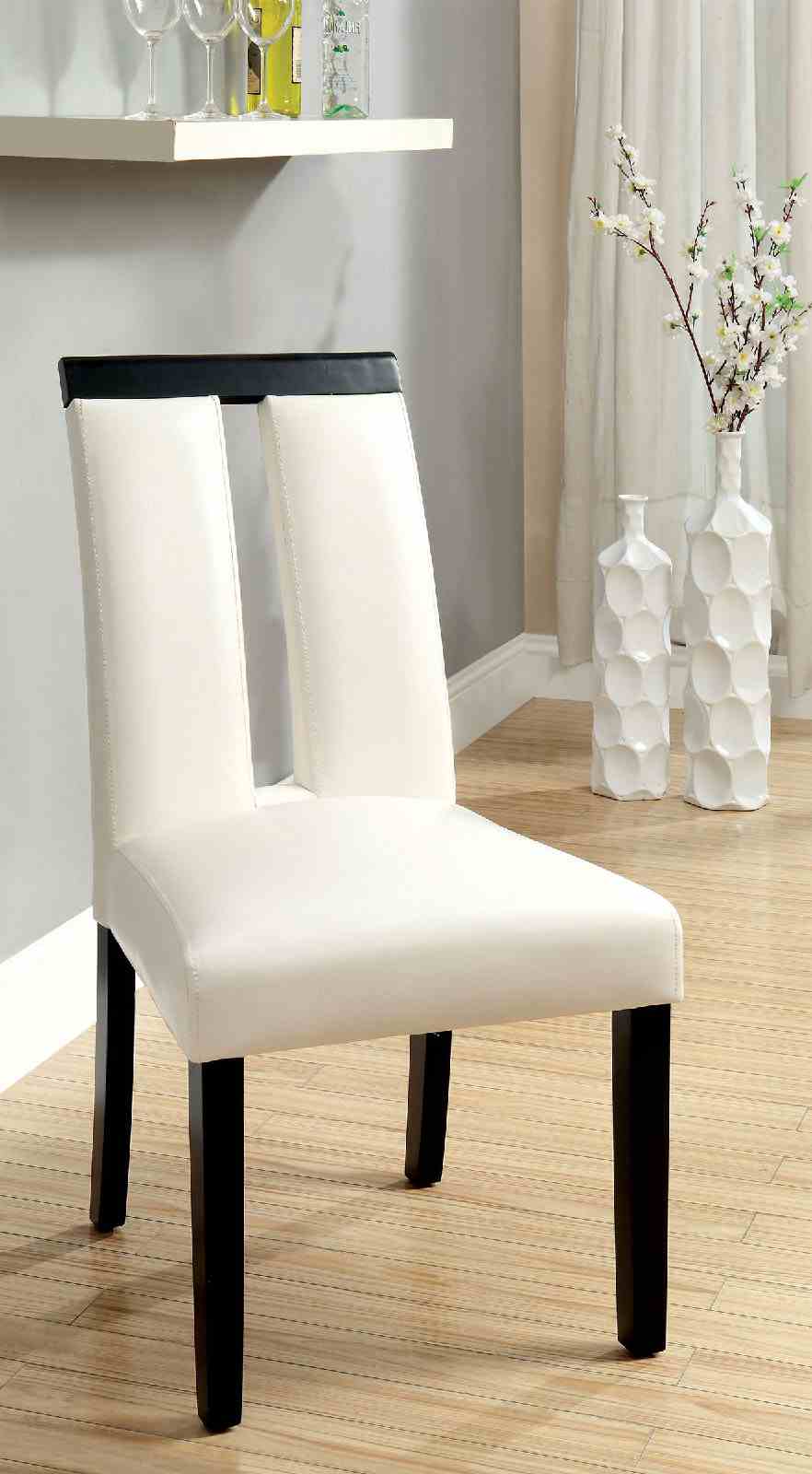 Luminar Black dining chair, white leatherette upholstery, split back design, front view