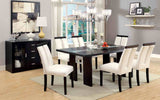 Luminar Black 7-piece dining set with LED glass table, six white chairs, and matching server