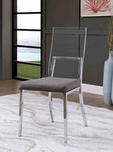 Casper Chrome dining chair, clear acrylic back with gray upholstered seat, front view