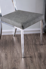 Casper Chrome dining chair, gray upholstered seat and chrome legs, side angle