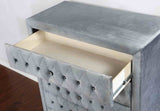 Stefania Gray bed headboard detail, oversized gray tufting with jewel buttons, close-up