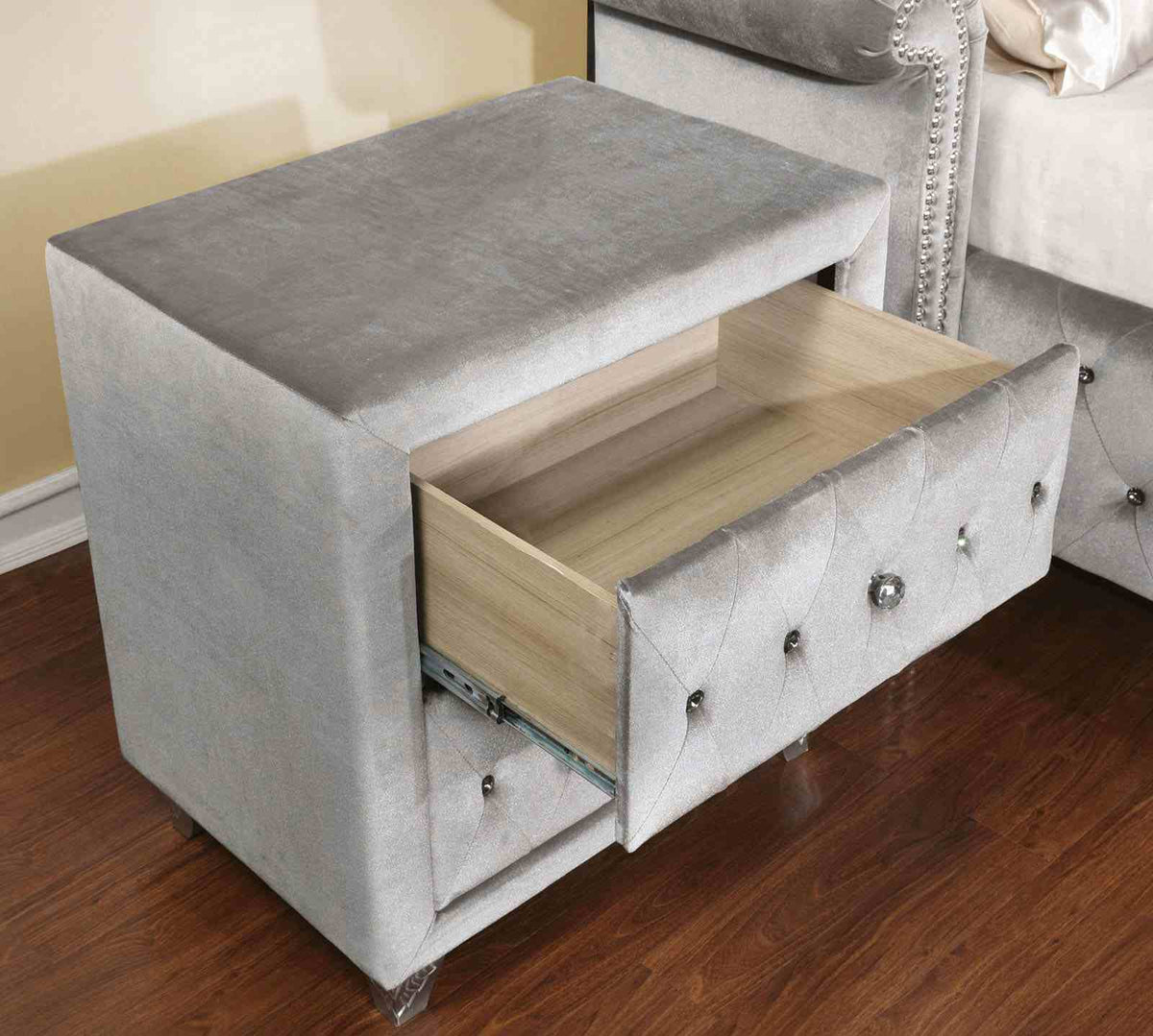 Stefania Gray dresser, tufted gray front with crystal-style knobs and mirror, front view