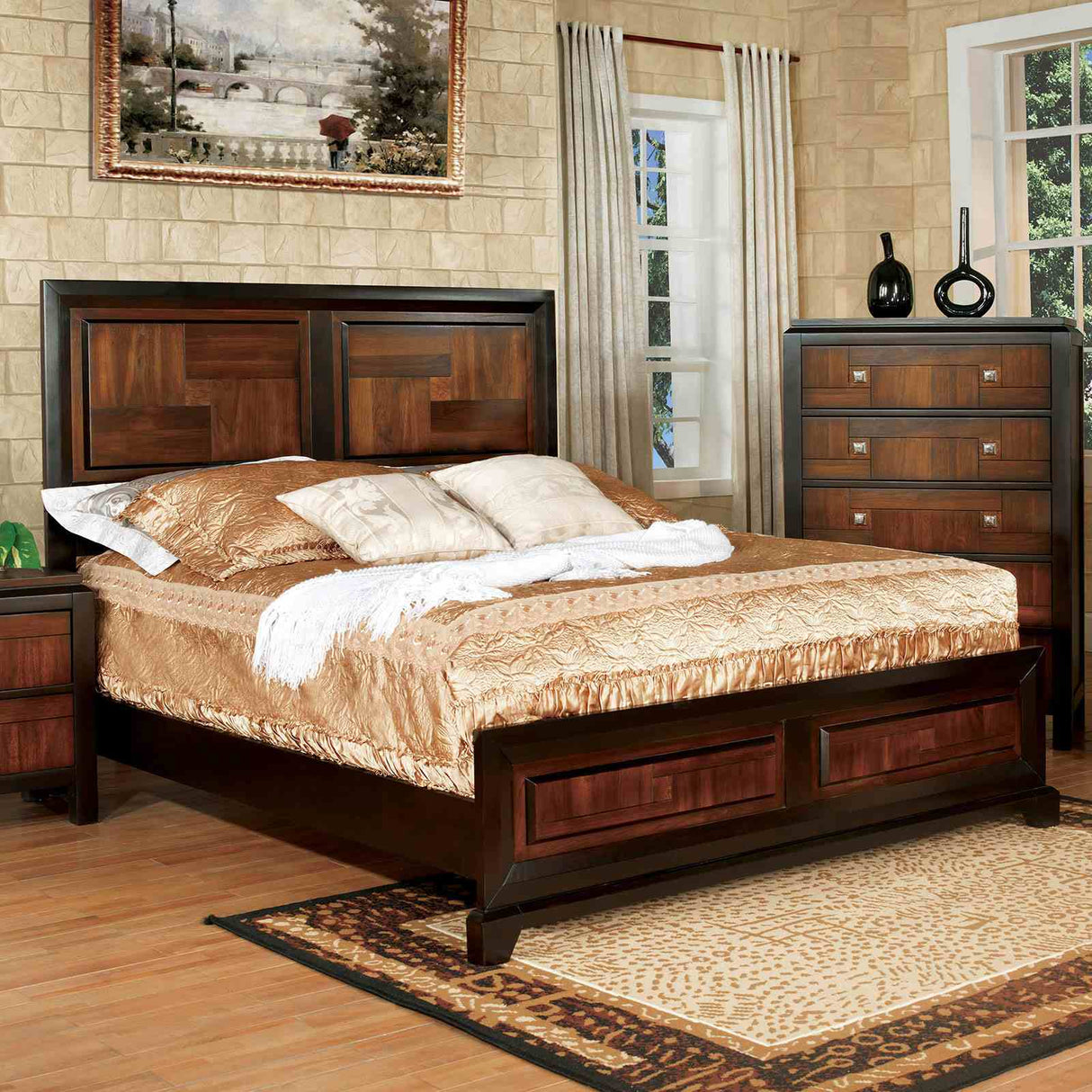 Patra Acacia/Walnut 5 Pc Queen Bedroom Set from Furniture of America - Luna Furniture