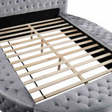 Sansom Gray Queen Bed, opened lift-up storage base and tufted headboard, front view