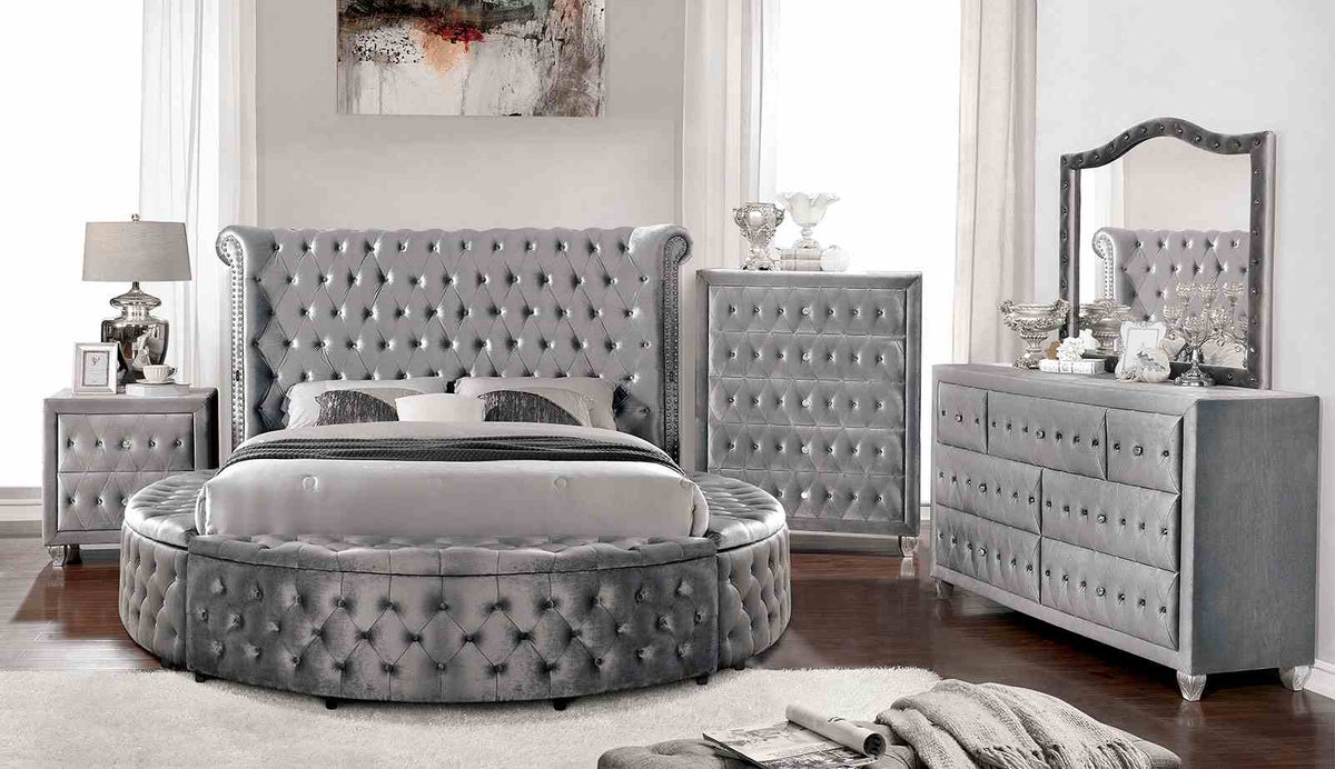 Sansom Gray 5-Piece Bedroom Set, bed, dresser, mirror, chest, and nightstand, full room view
