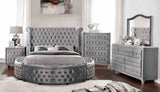 Sansom Gray 5-Piece Bedroom Set, bed, dresser, mirror, chest, and nightstand, full room view