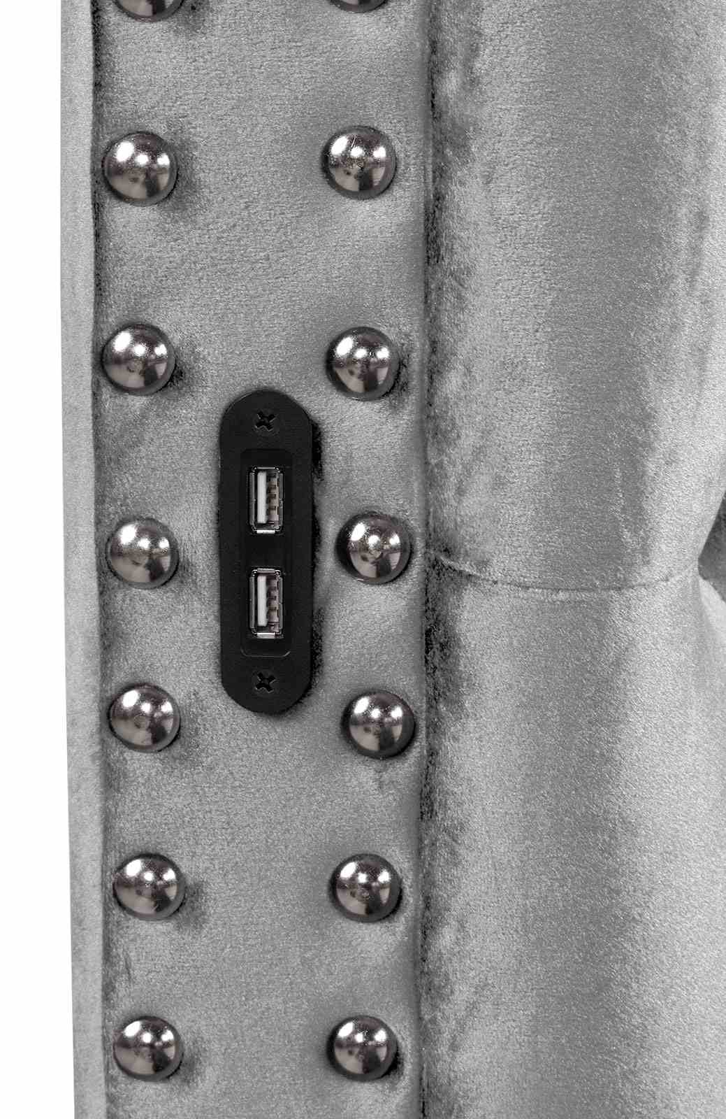 Sansom Gray Queen Bed, crystal-tufted headboard side with dual USB ports, detail view