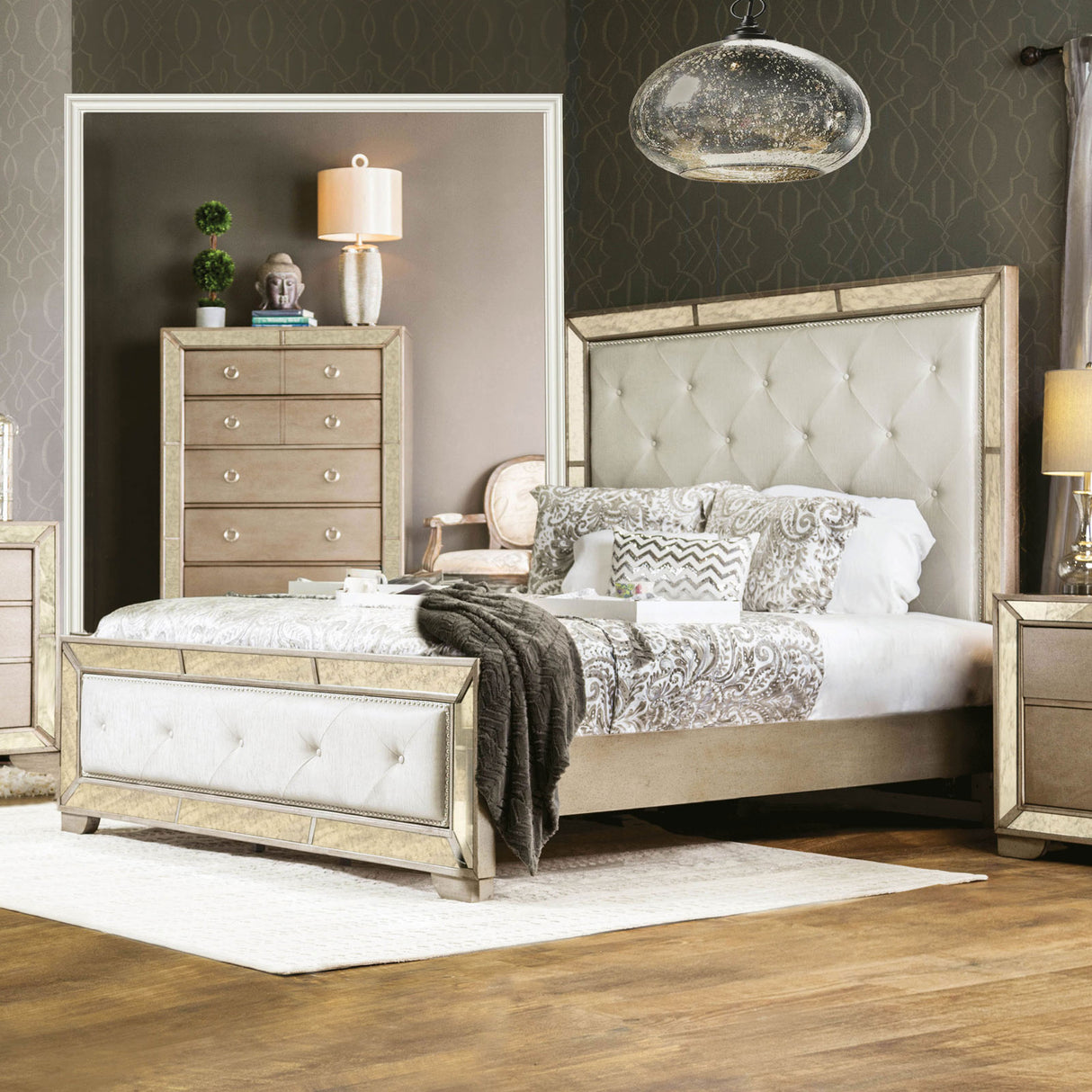 Loraine Champagne Tufted Queen Panel Bed from Furniture of America - Luna Furniture