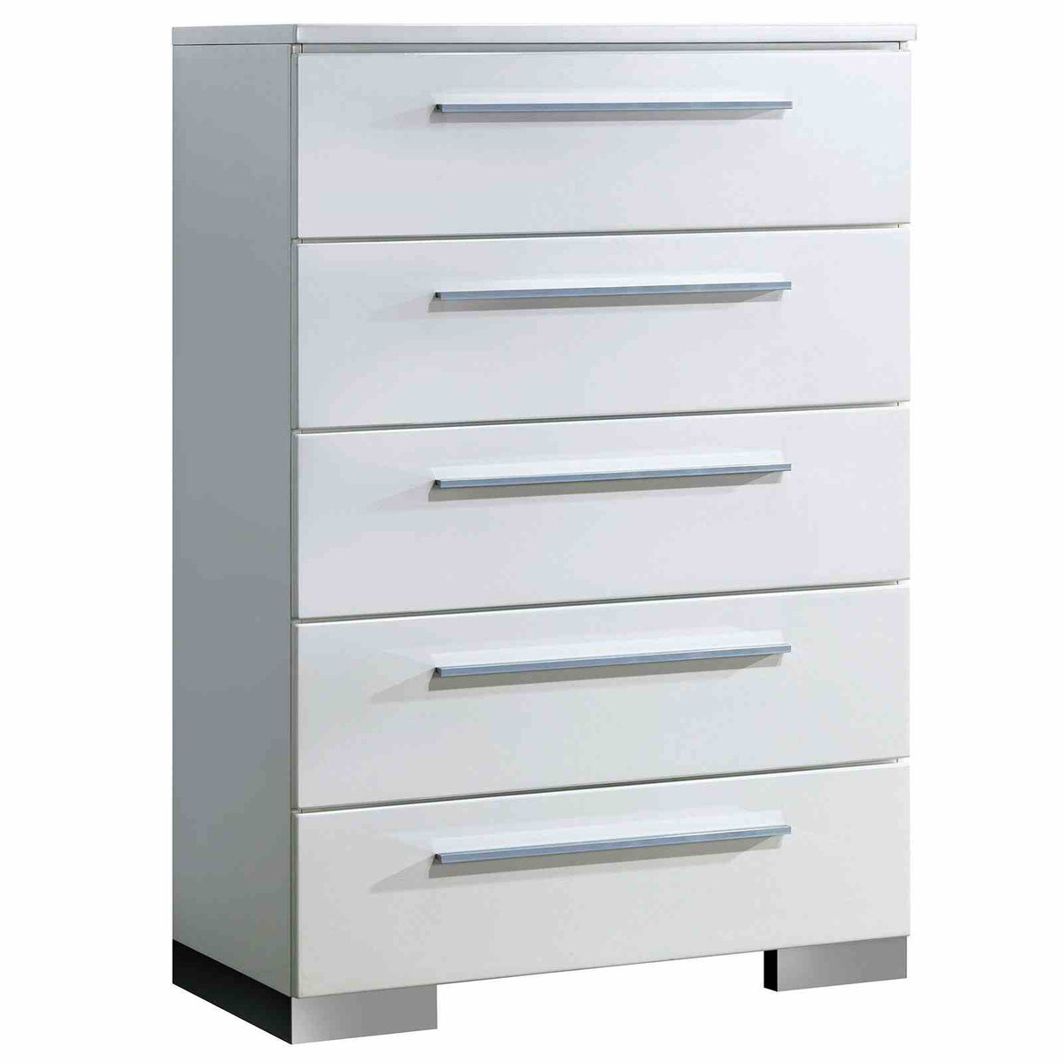Clementine Glossy White chest, five drawers with chrome pulls, front view