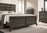 Houston Gray Queen Bed, paneled footboard and tall crown-molded headboard, three-quarter view