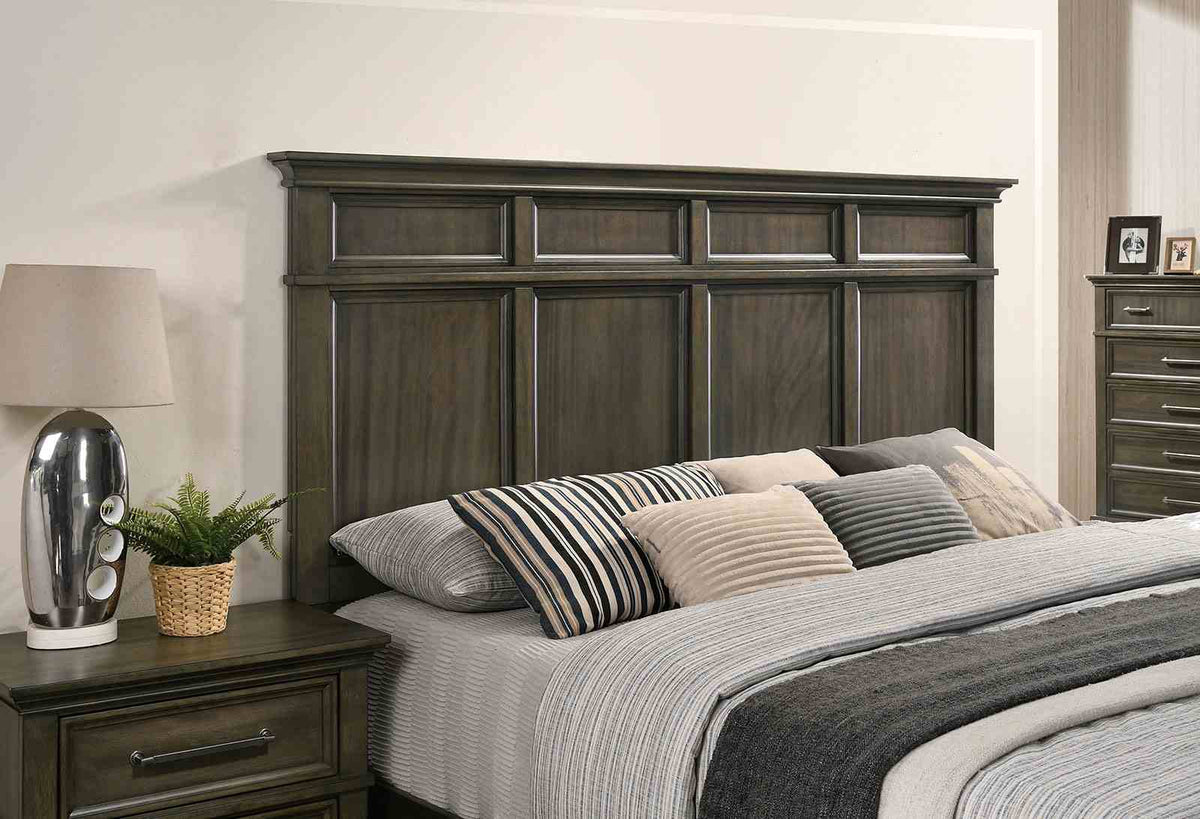 Houston Gray Queen Bed, tall paneled headboard and layered bedding, close front view
