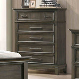 Houston Gray chest, 5 drawers with pewter bar pulls, traditional crown molding