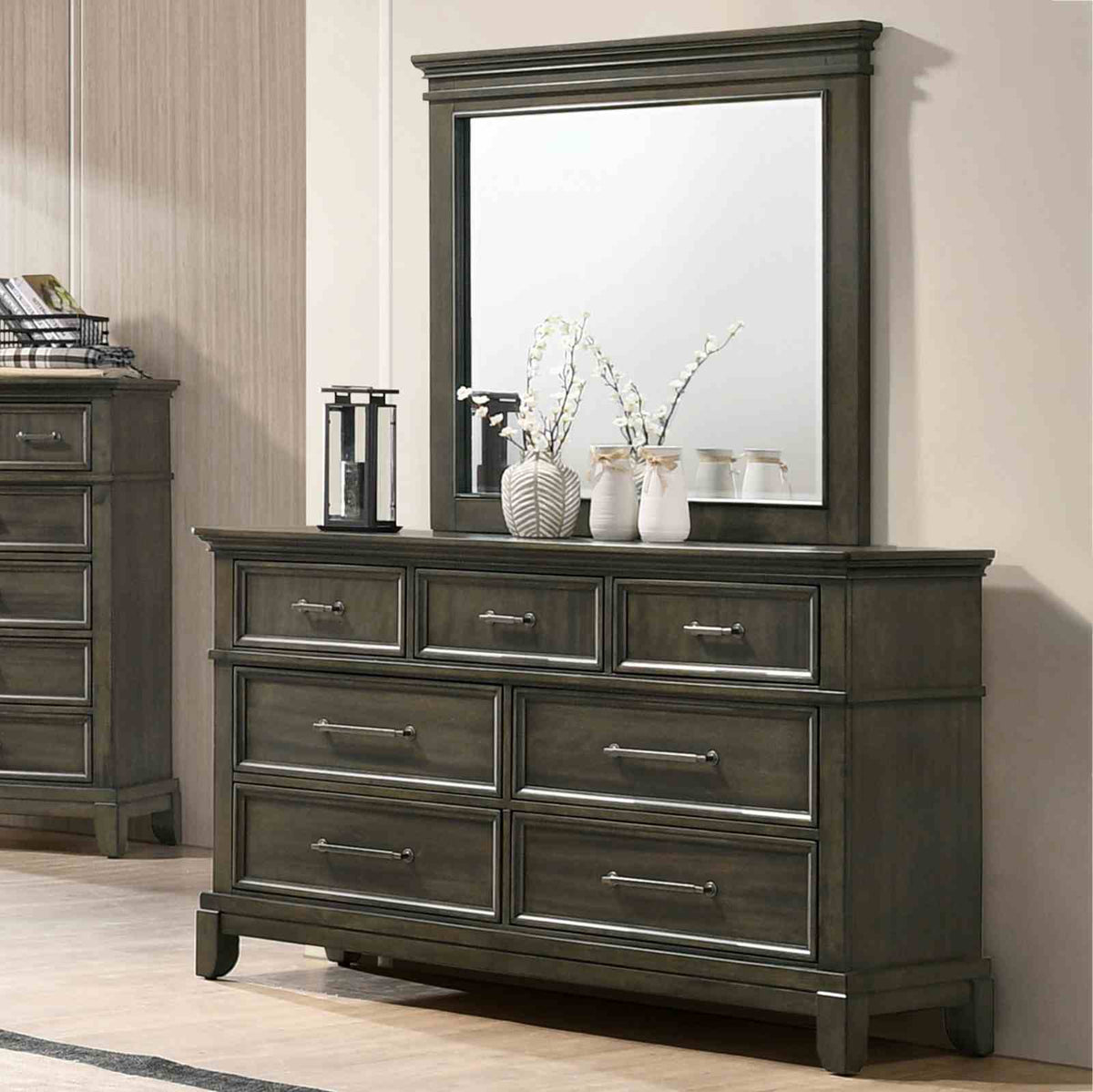 Houston Gray dresser with mirror, 6 drawers and pewter bar pulls, traditional front view