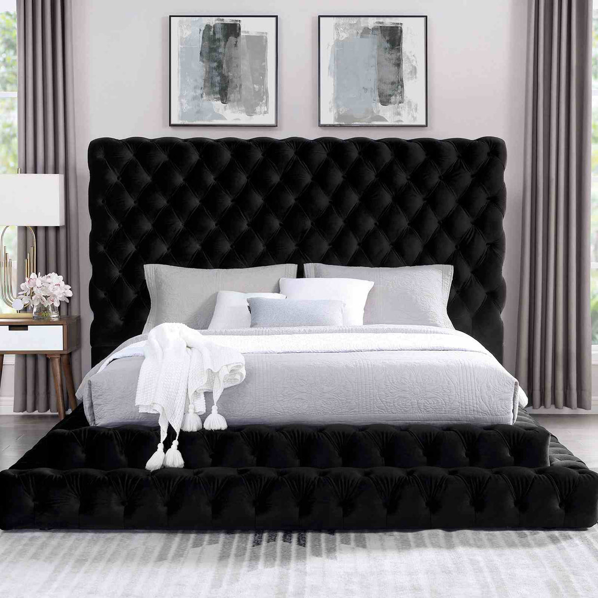 Stefania Black Queen Bed, tufted headboard and upholstered platform frame, front view