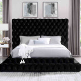 Stefania Black Queen Bed, tufted headboard and upholstered platform frame, front view