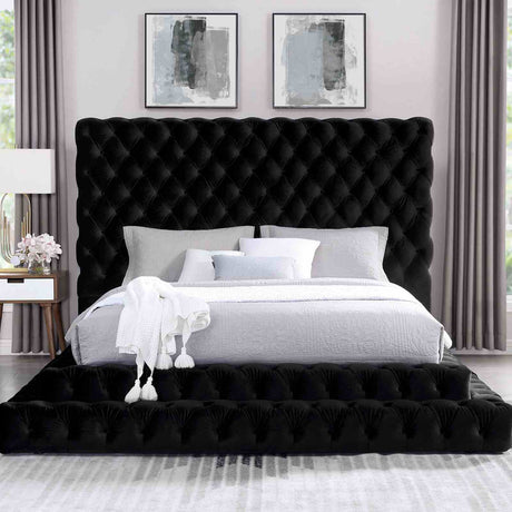 Stefania Black Queen Bed, tufted headboard and upholstered platform frame, front view