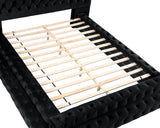 Stefania Black queen bed slat support, wood platform construction, close-up detail