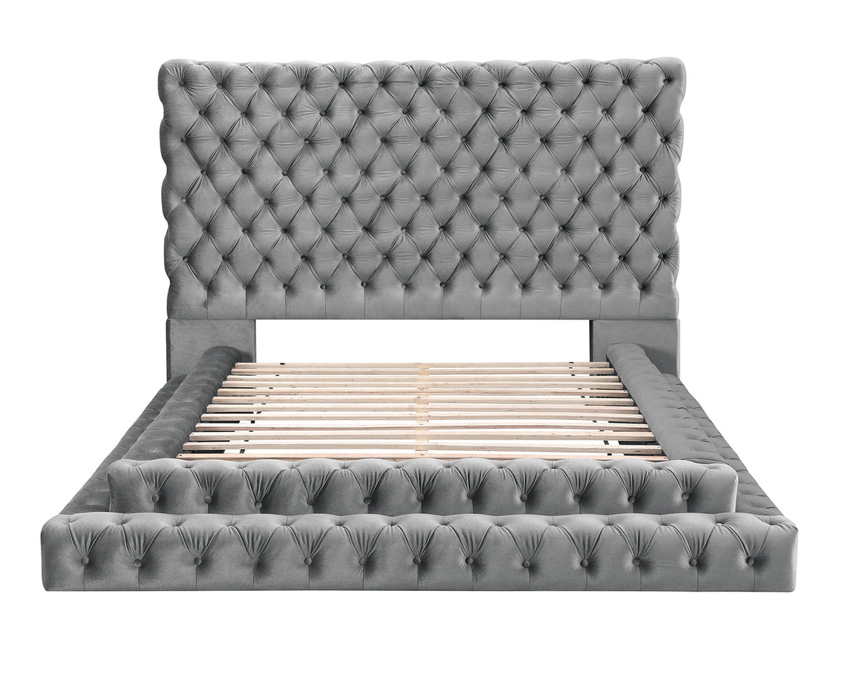 Stefania Gray bed headboard detail, oversized diamond tufting with crystal-style buttons