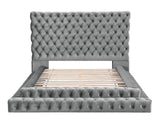 Stefania Gray bed headboard detail, oversized diamond tufting with crystal-style buttons