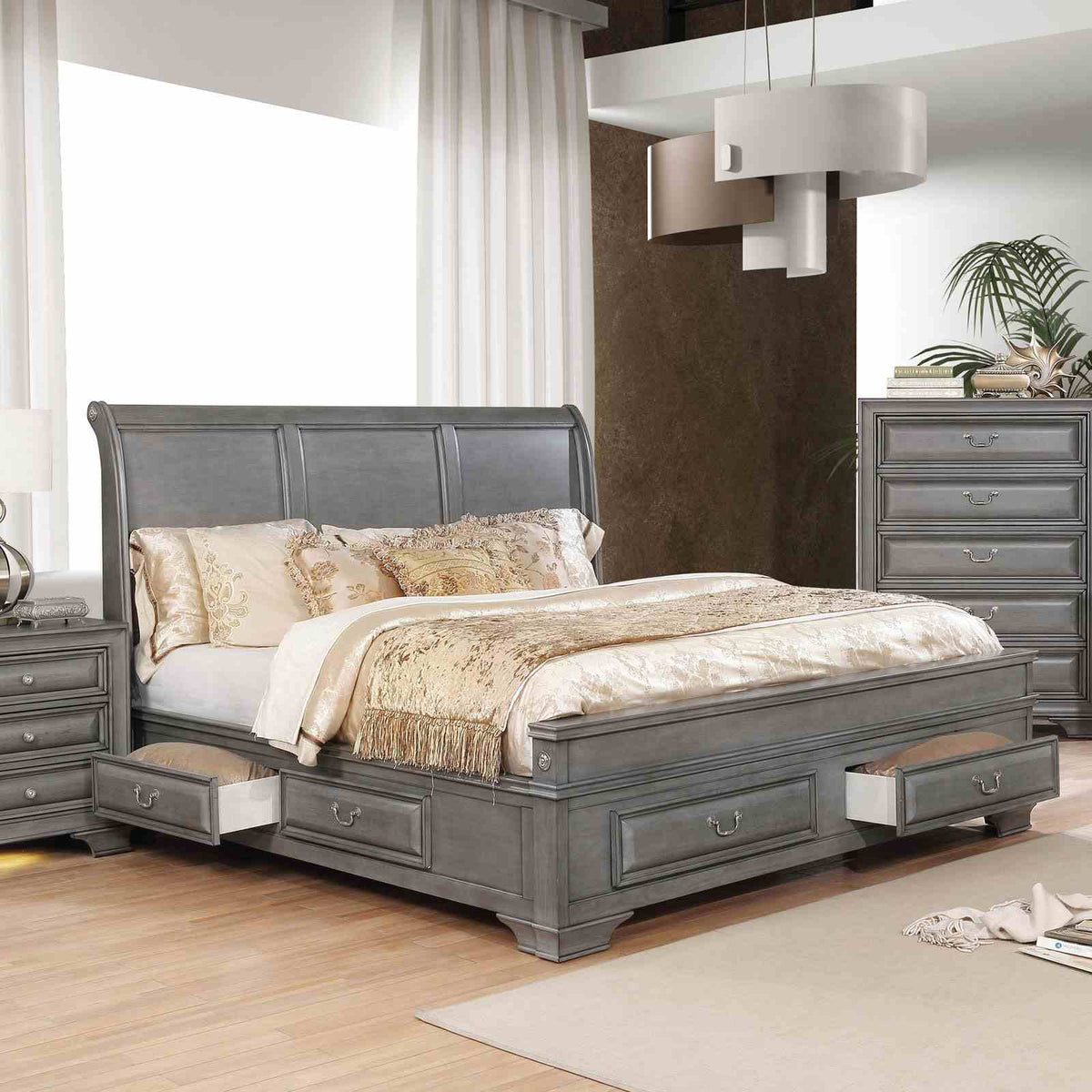 Brandt Gray Queen Storage Bed, open rail drawers and footboard storage, front angle