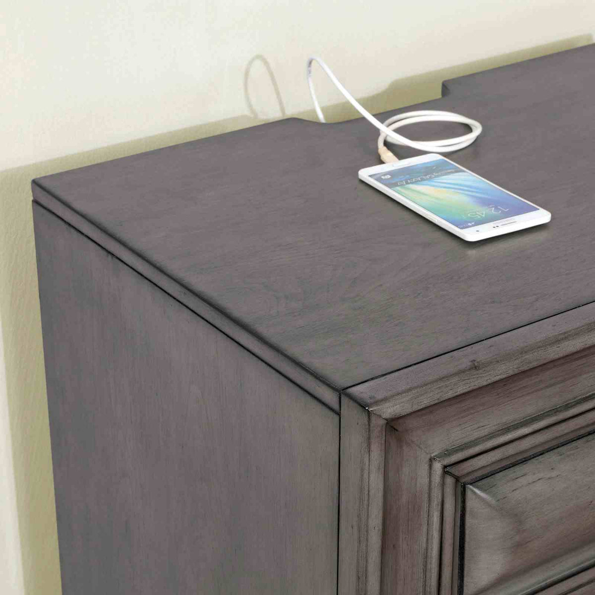 Brandt Gray nightstand, top surface and side profile, close-up detail