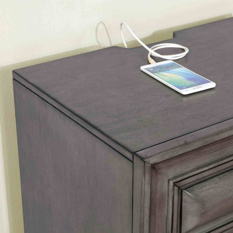 Brandt Gray nightstand, top surface and side profile, close-up detail