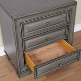 Brandt Gray nightstand, open top drawer and framed front, close-up detail