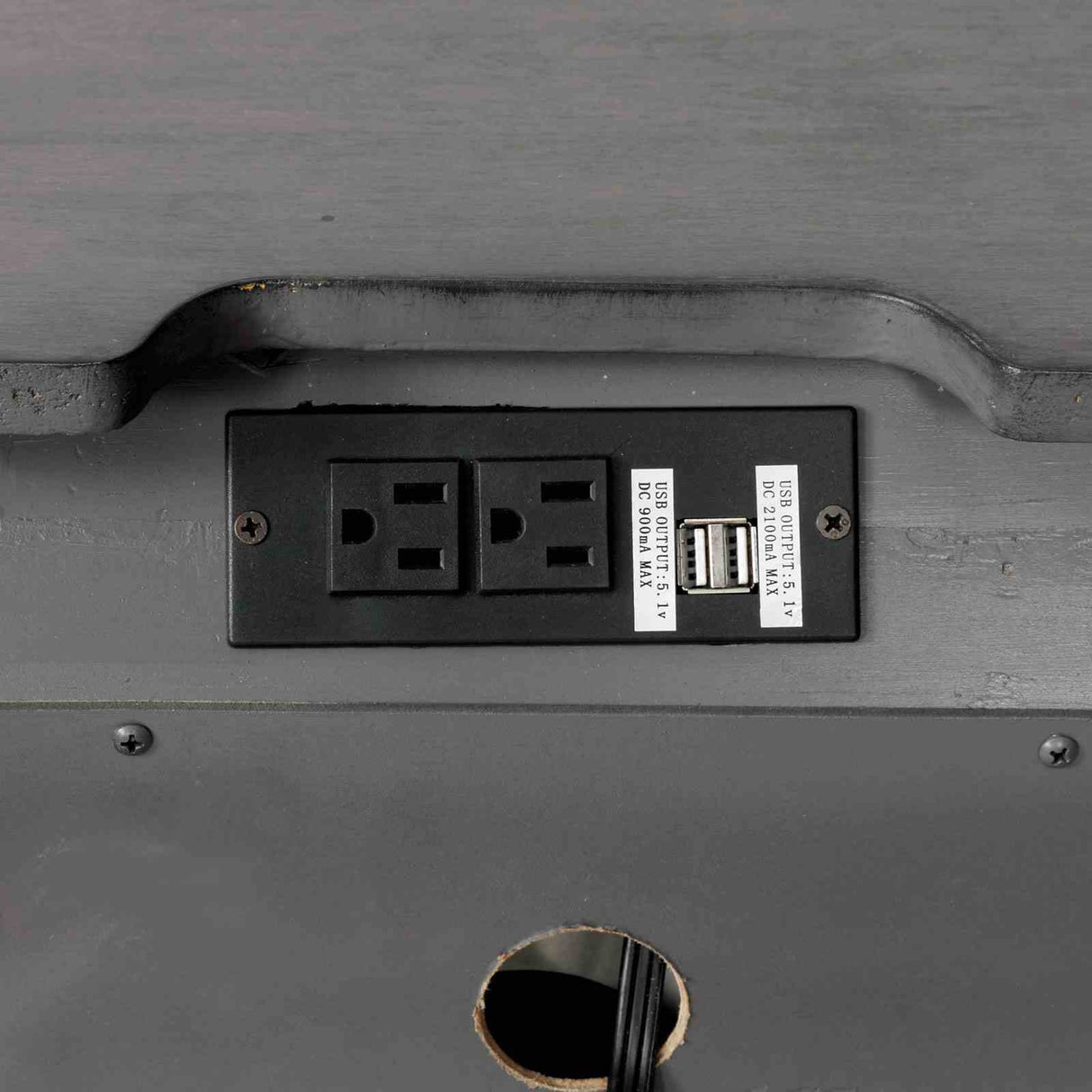 Brandt Gray nightstand, USB outlet and power ports, under-top detail