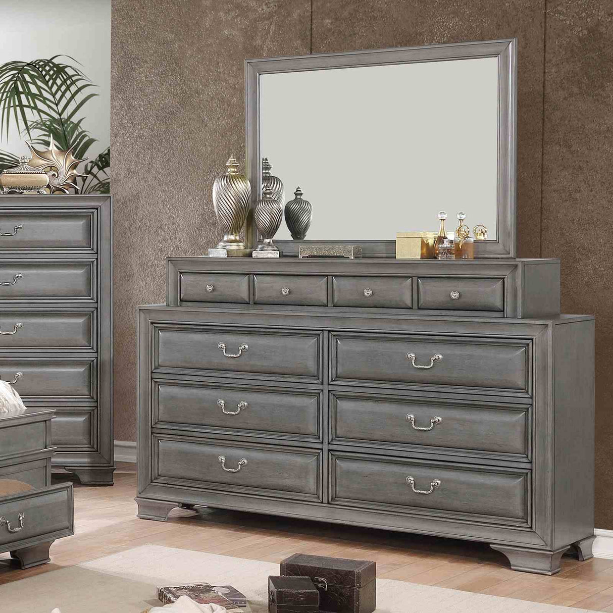 Brandt Gray dresser with mirror, six drawers and four top drawers, front view