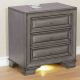Brandt Gray nightstand, 3 drawers and USB power outlet, front view
