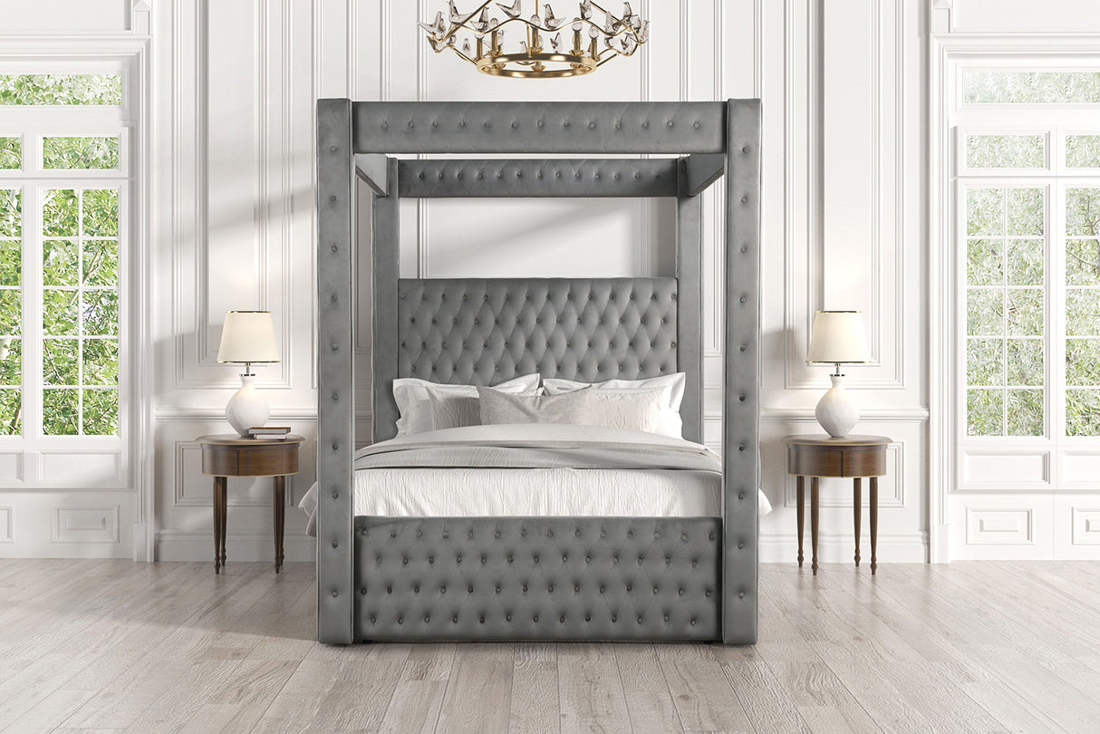 Etherea Gray Queen Upholstered Platform Poster Bed from Furniture of America - Luna Furniture