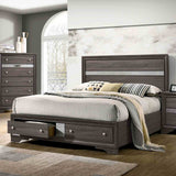 Chrissy Gray queen bed, silver accent headboard and footboard storage, three-quarter view